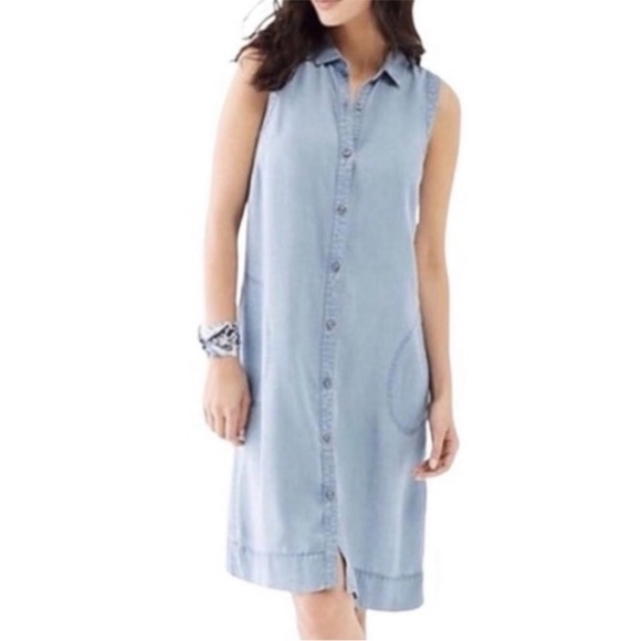 J. Jill Denim Light Wash Sleeveless Chambray Jean shirt Dress button XS - Picture 1 of 13